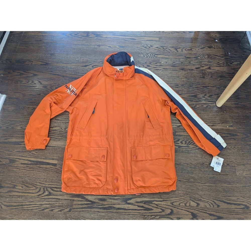 NEW!! Vintage Nautica Jacket Mens size XL ORANGE Hooded Racer Parka 90s Sailing